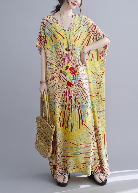 Casual Yellow Print Cotton V Neck Oversize Summer Dress ( Limited Stock) - Omychic