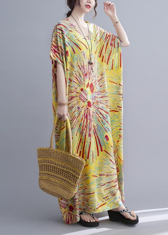 Casual Yellow Print Cotton V Neck Oversize Summer Dress ( Limited Stock) - Omychic