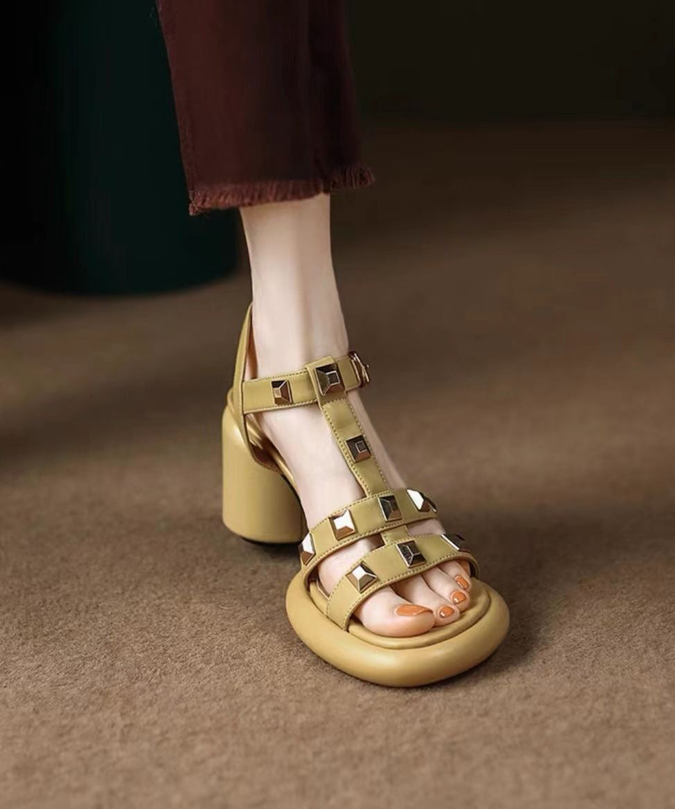 Casual Yellow Rivet Sandals Buckle Strap Chunky Sandals