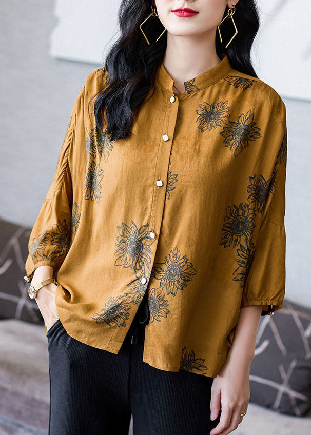 Casual Yellow Stand Collar Wrinkled Patchwork Print Silk Shirt Top Bracelet Sleeve