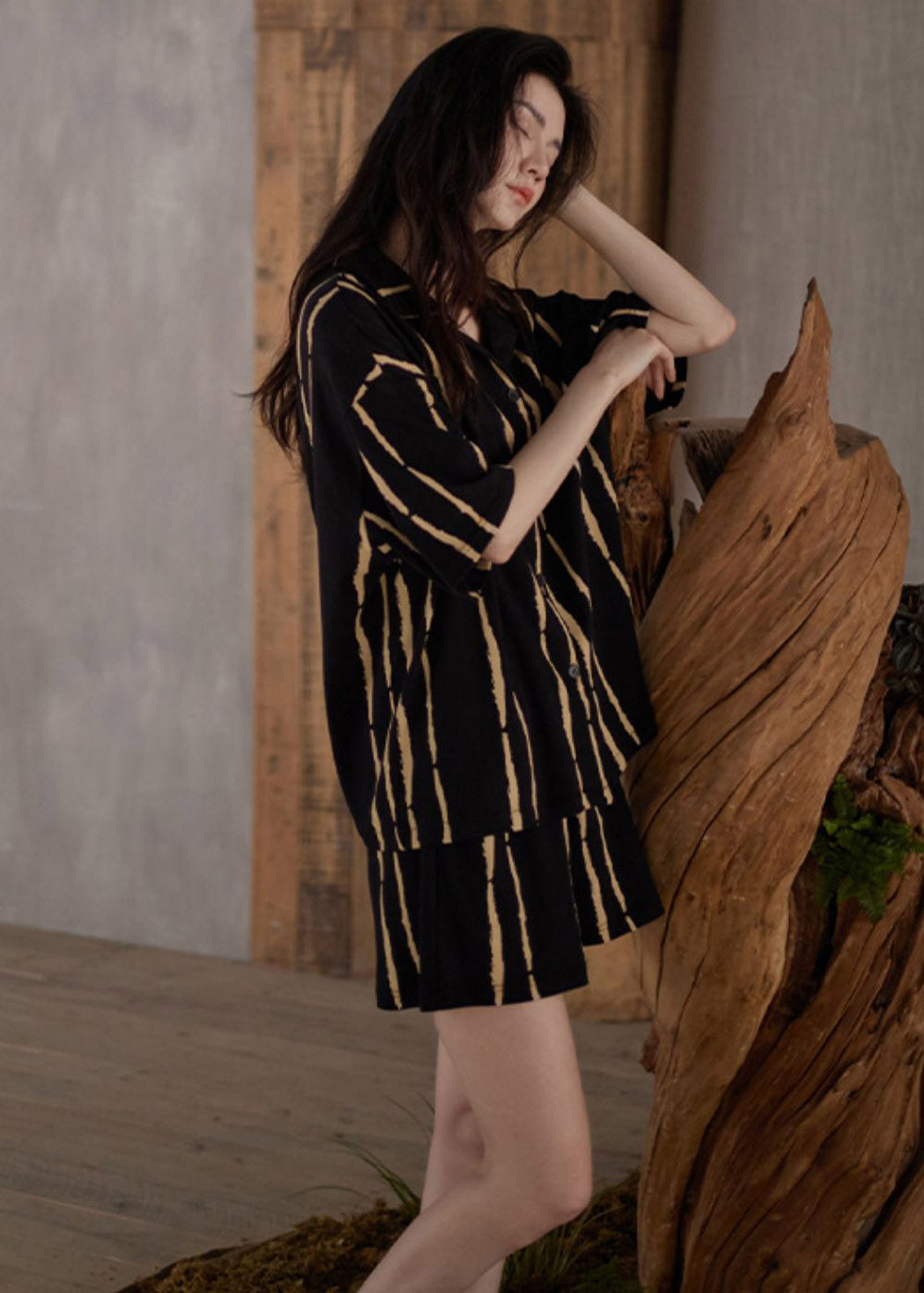 Casual Yellow Striped Button Cotton Pajamas Two Pieces Set Summer