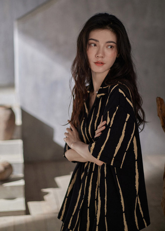 Casual Yellow Striped Button Cotton Pajamas Two Pieces Set Summer