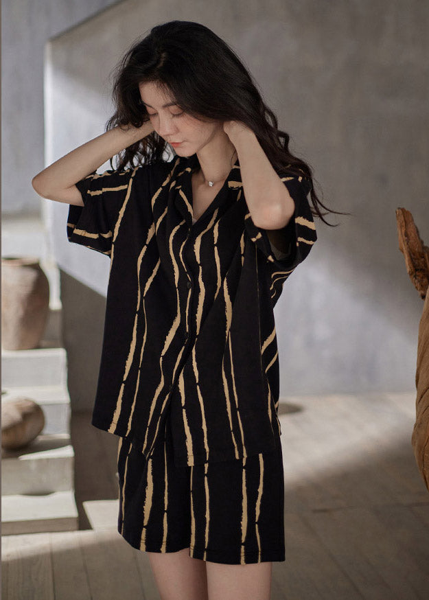 Casual Yellow Striped Button Cotton Pajamas Two Pieces Set Summer