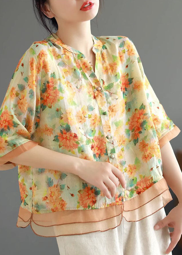 Casual Yellow V Neck Print Button Patchwork Linen Shirts Half Sleeve