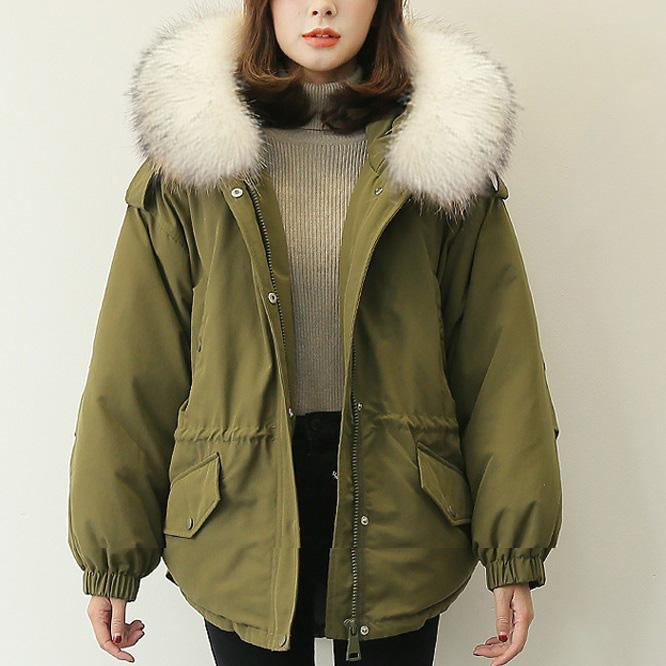 Casual army green down coat winter plussize faux fur collar snow jackets elastic waist Jackets - Omychic