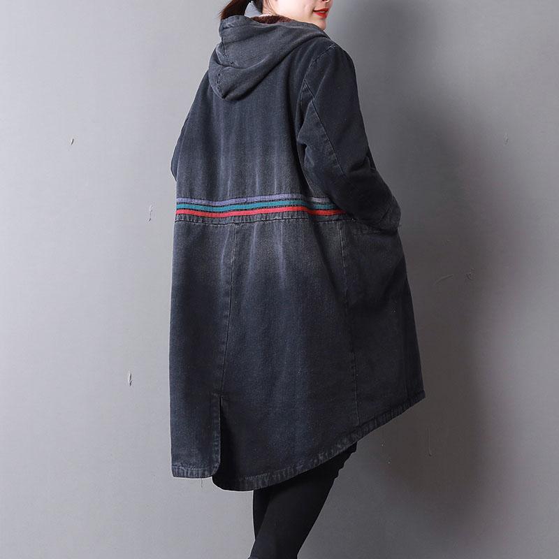 Casual black denim women oversized hooded New back side open button down outwear - Omychic