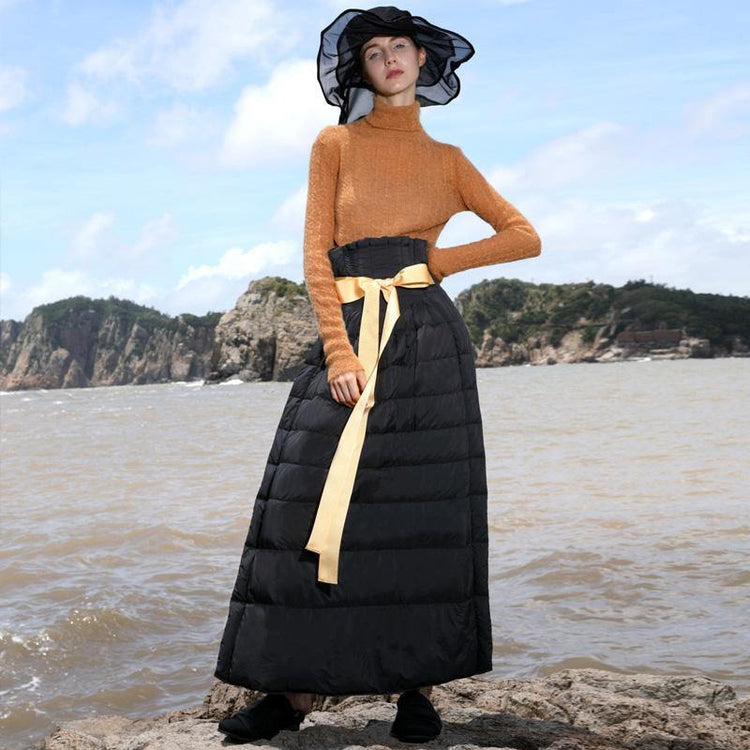 Casual black duck down maxi skirts Loose fitting high waist women skirts thick down skirts - Omychic