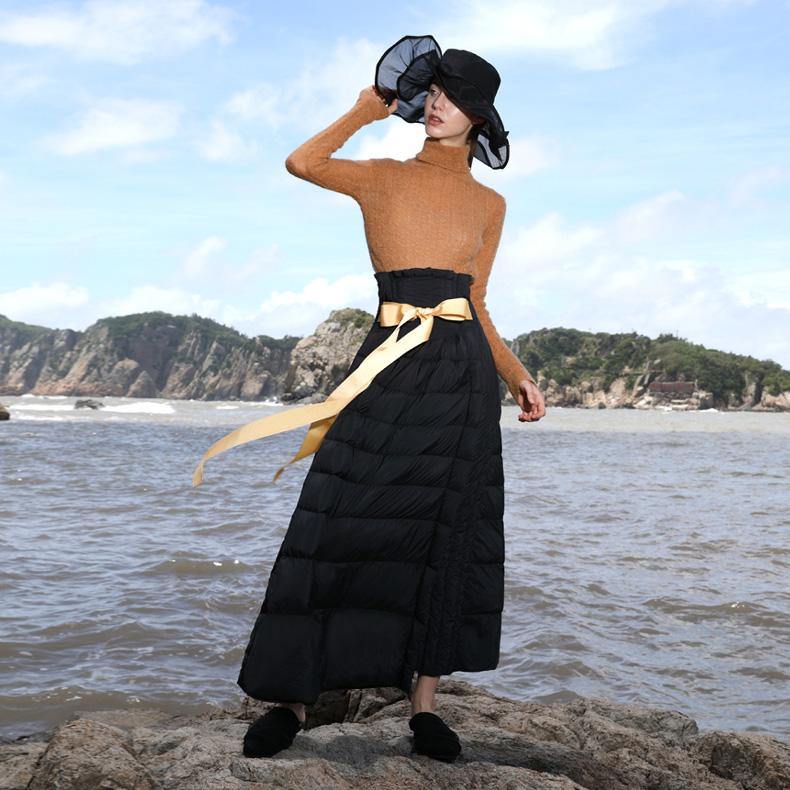 Casual black duck down maxi skirts Loose fitting high waist women skirts thick down skirts - Omychic