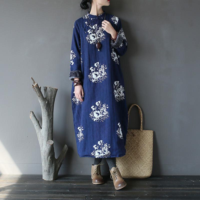 Casual blue print plus size stand collar women patchwork dresses - Omychic