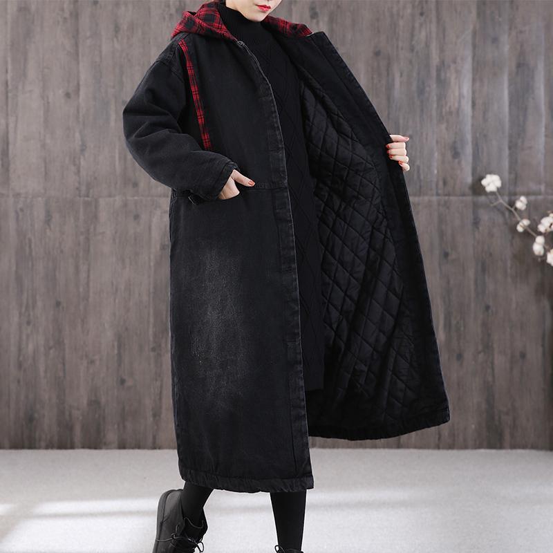 Casual denim black winter parkas plus size winter patchwork plaid outwear - Omychic
