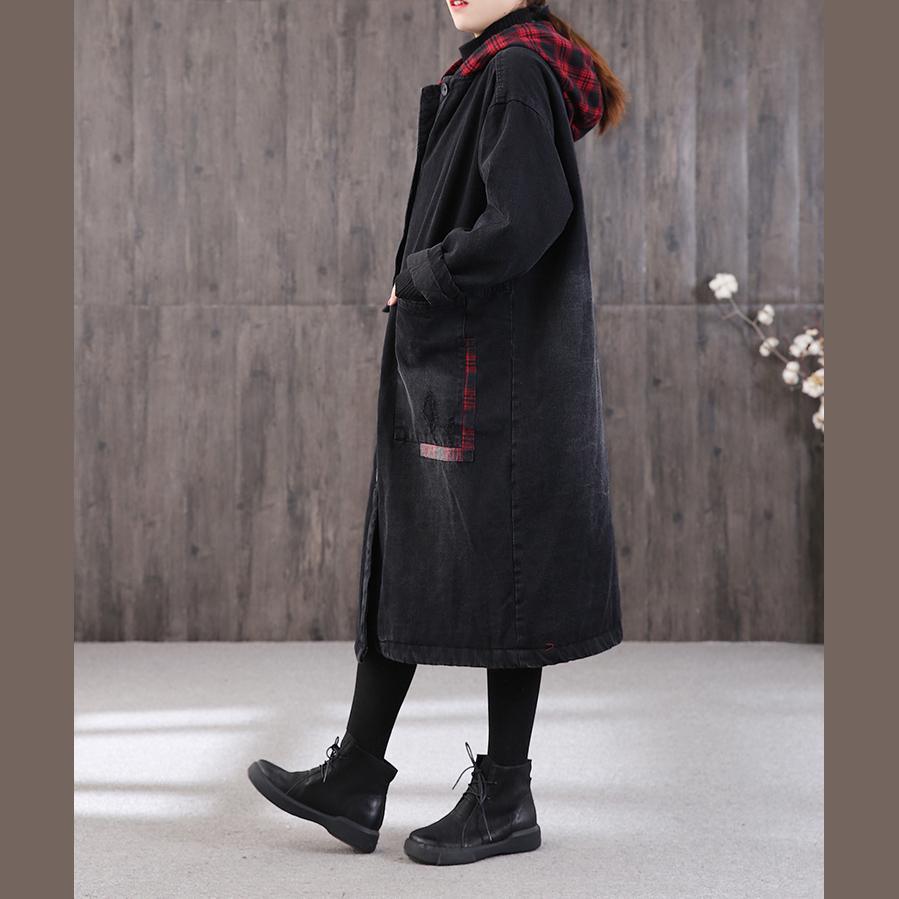 Casual denim black winter parkas plus size winter patchwork plaid outwear - Omychic