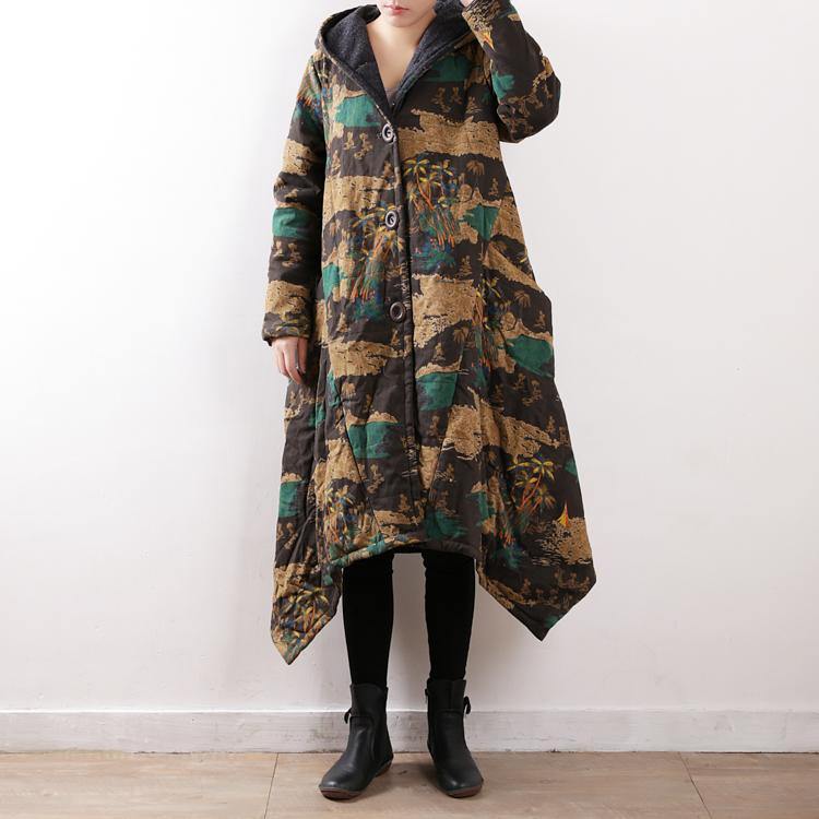 Casual floral cotton coat trendy plus size hooded pockets New asymmetric trench cotton coat - Omychic