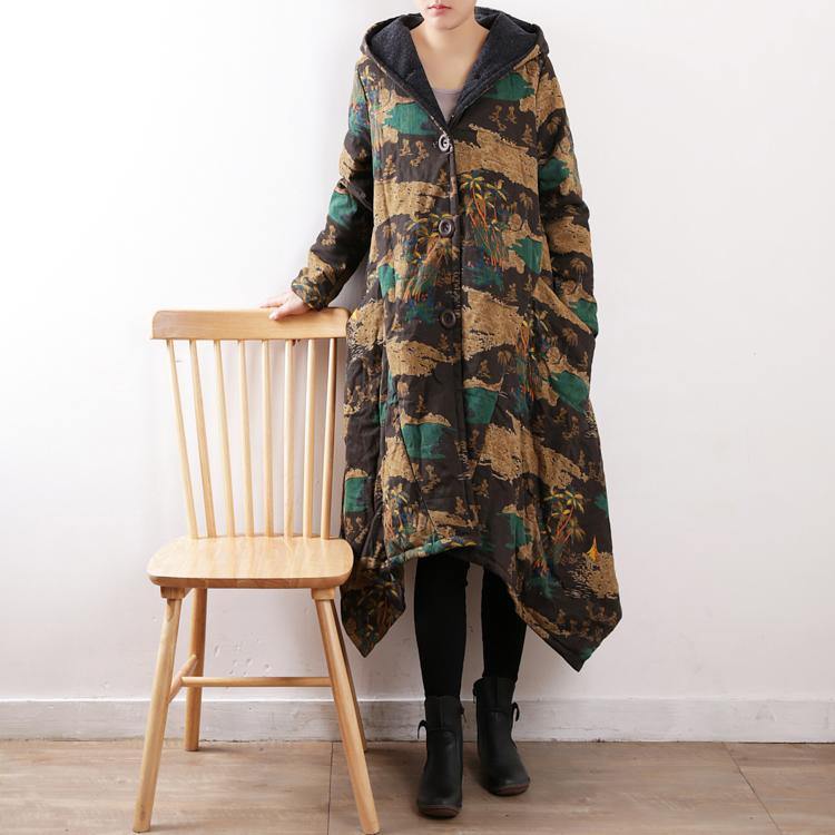 Casual floral cotton coat trendy plus size hooded pockets New asymmetric trench cotton coat - Omychic