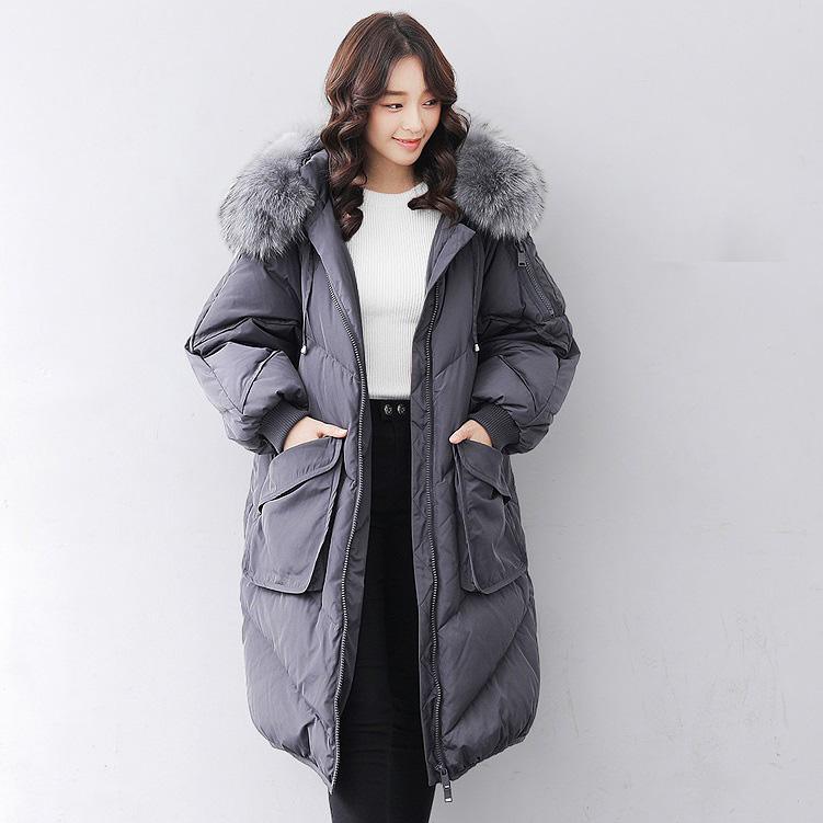 Casual gray down jacket woman casual hooded fur collar down jacket zippered Jackets - Omychic