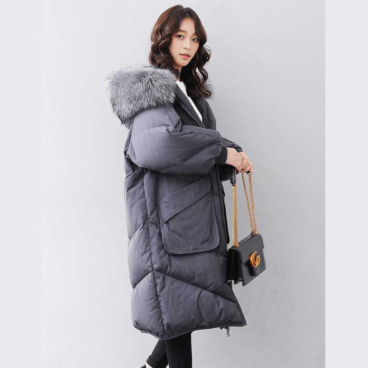 Casual gray down jacket woman casual hooded fur collar down jacket zippered Jackets - Omychic