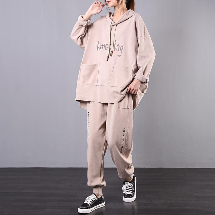 Casual loose plus size khaki casual sports two-piece set - Omychic