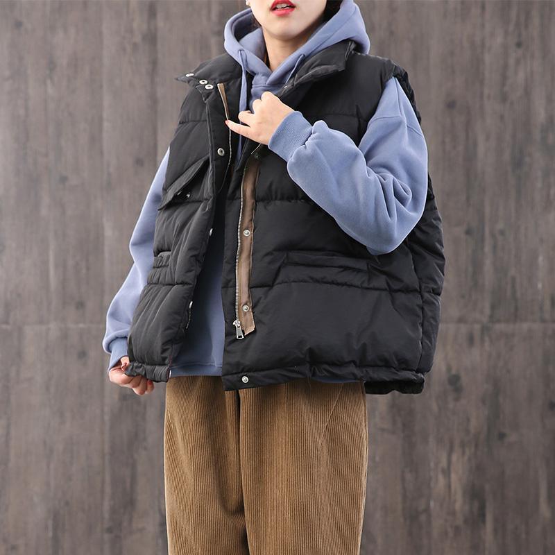 Casual oversize snow jackets coats black stand collar zippered Parkas - Omychic