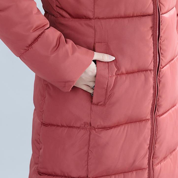 Casual red Winter Fashion plus size hooded cotton jacket women pockets zippered trench cotton coats - Omychic