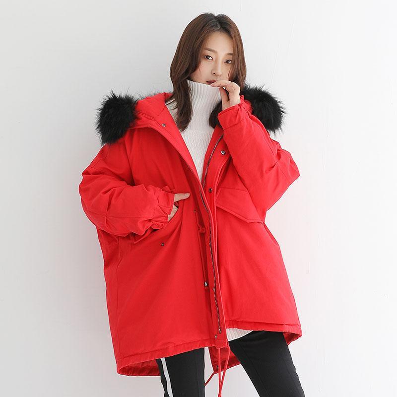 Casual red duck down coat oversize back open snow jackets fur collar winter outwear - Omychic