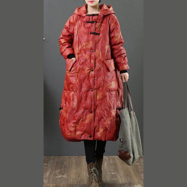 Casual red duck down coat plus size side open winter jacket hooded Casual winter outwear - Omychic