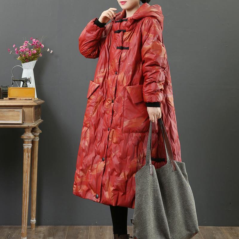 Casual red duck down coat plus size side open winter jacket hooded Casual winter outwear - Omychic