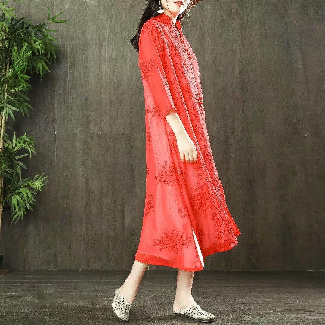 Casual red ladies linen sun protection clothing retro solid color embroidered collar cardigan - Omychic
