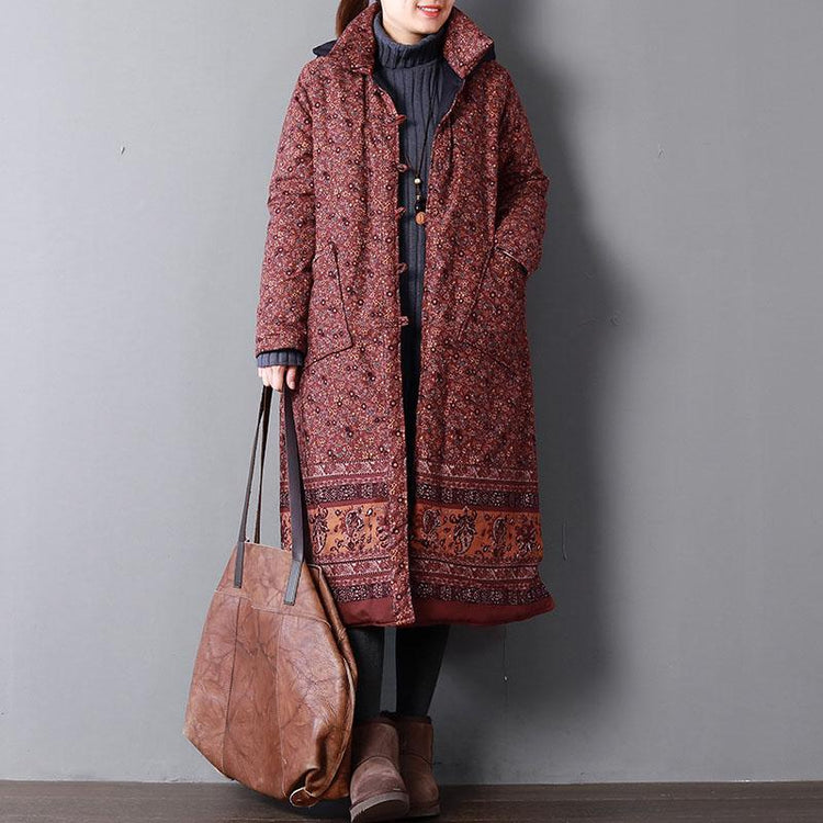 Casual red print women plus size hooded Warm pockets Button cotton coats - Omychic