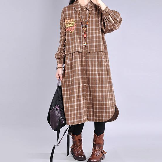 Casual trendy plus size Jackets & Coats outwear chocolate plaid lapel patchwork casual outfit - Omychic