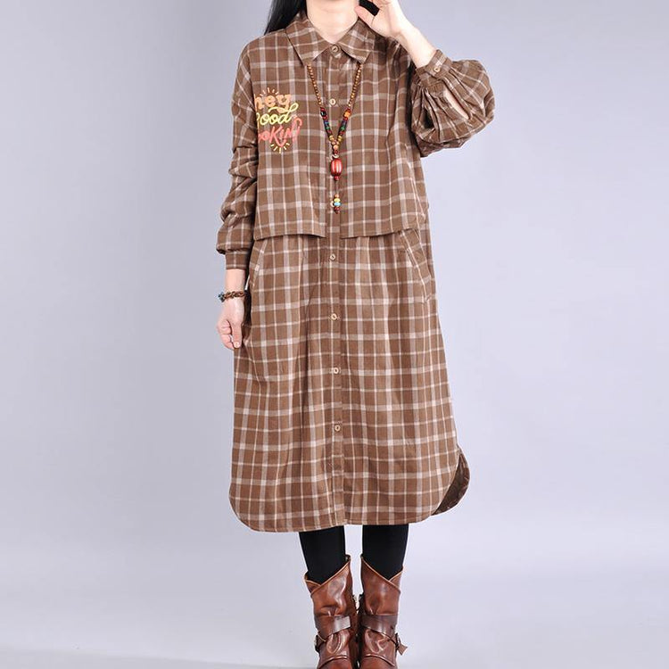 Casual trendy plus size Jackets & Coats outwear chocolate plaid lapel patchwork casual outfit - Omychic
