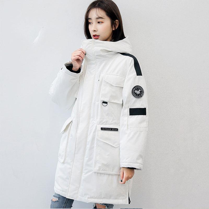 Casual white warm winter coat plus size hooded down jacket big pockets winter outwear - Omychic