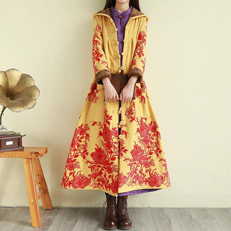 Casual yellow Parkas for women oversize warm winter coat embroidery floral winter coats hooded - Omychic