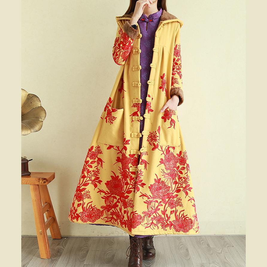 Casual yellow Parkas for women oversize warm winter coat embroidery floral winter coats hooded - Omychic
