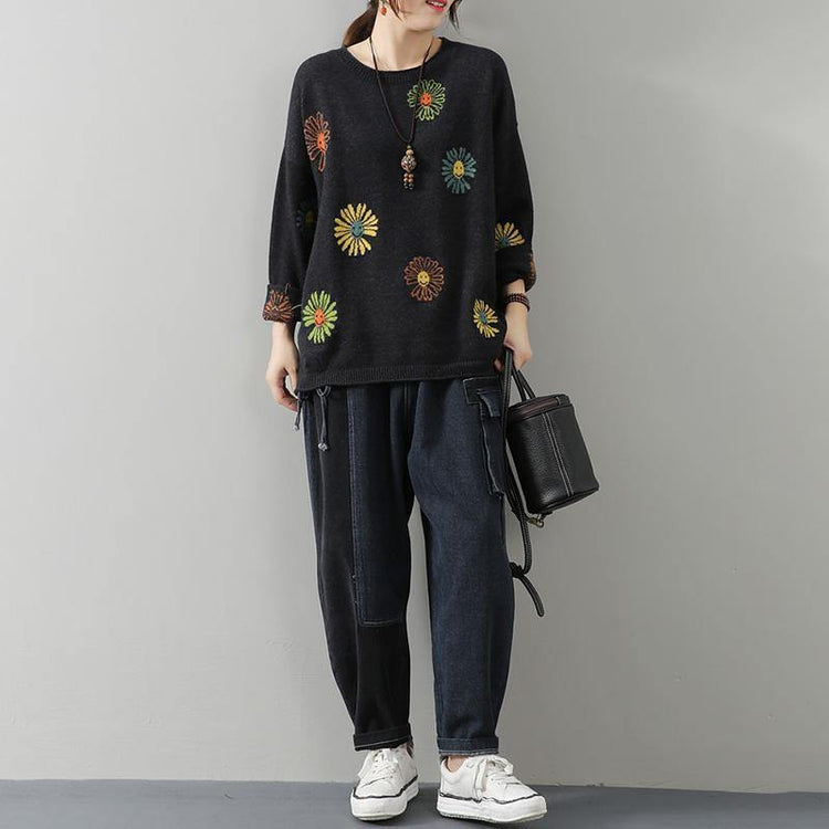 Casual Floral Embroidered Sweater Jumper - Omychic