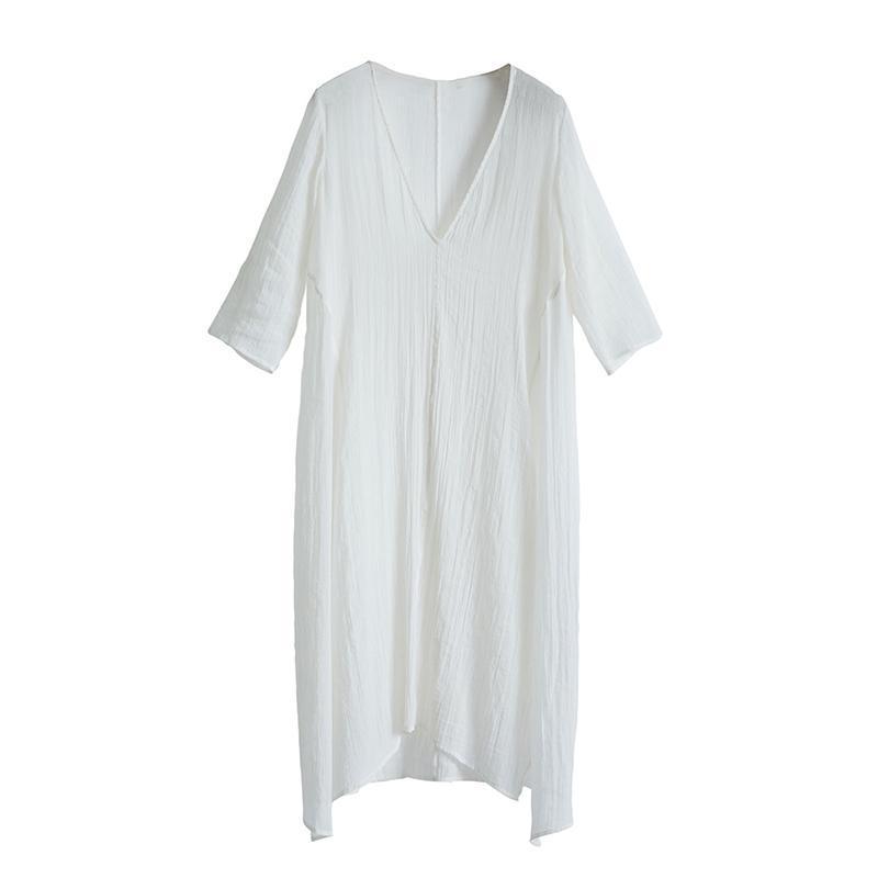 Casual Plus Size Pleated V-Neck Asymmetrical A-Line Dress - Omychic