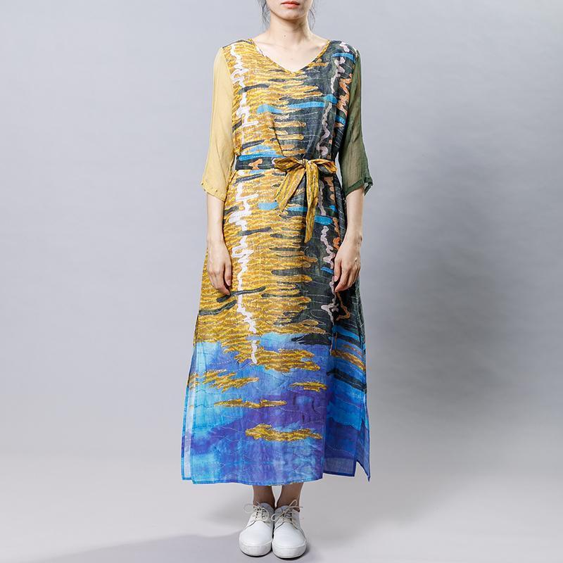 Casual Printed Spliced Midi Dress With Belt - Omychic