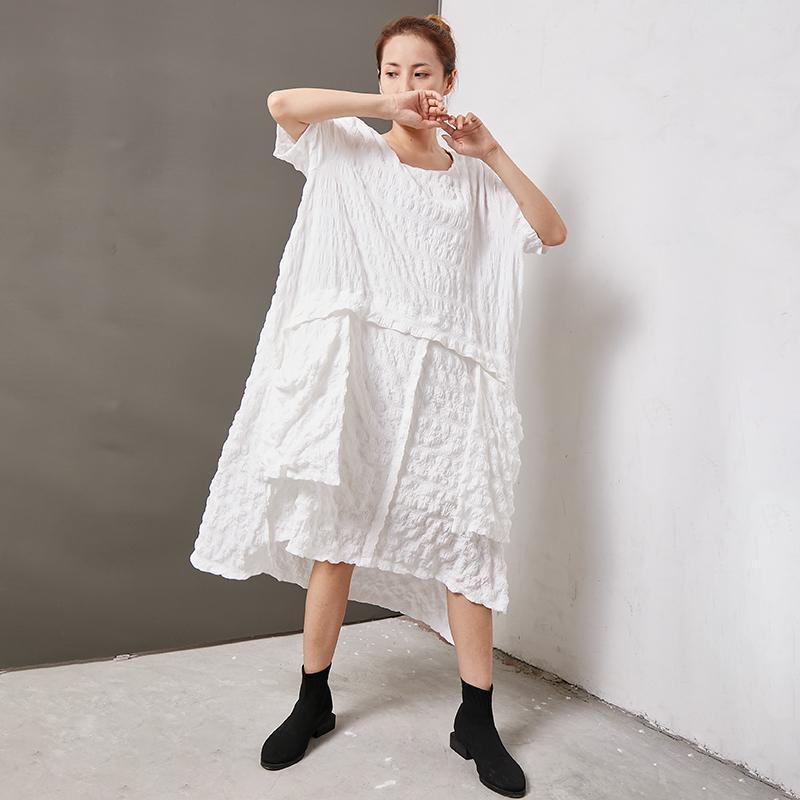 Casual Round Neck Cotton Solid Irregular Dress - Omychic