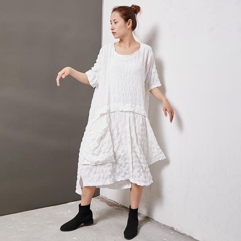 Casual Round Neck Cotton Solid Irregular Dress - Omychic