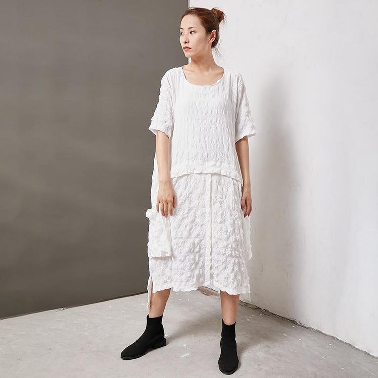 Casual Round Neck Cotton Solid Irregular Dress - Omychic