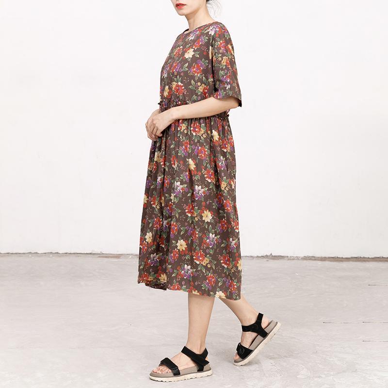 Casual Short Sleeve Pockets Floral Lacing Pleated Dress - Omychic