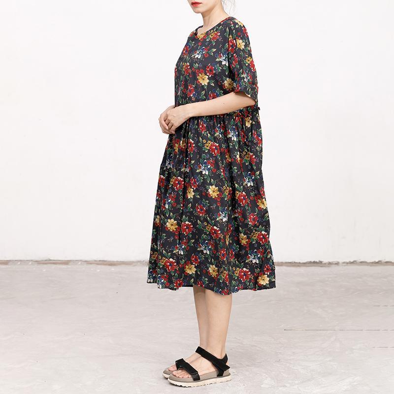 Casual Short Sleeve Pockets Floral Lacing Pleated Dress - Omychic