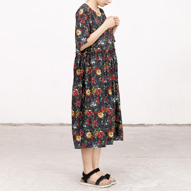 Casual Short Sleeve Pockets Floral Lacing Pleated Dress - Omychic