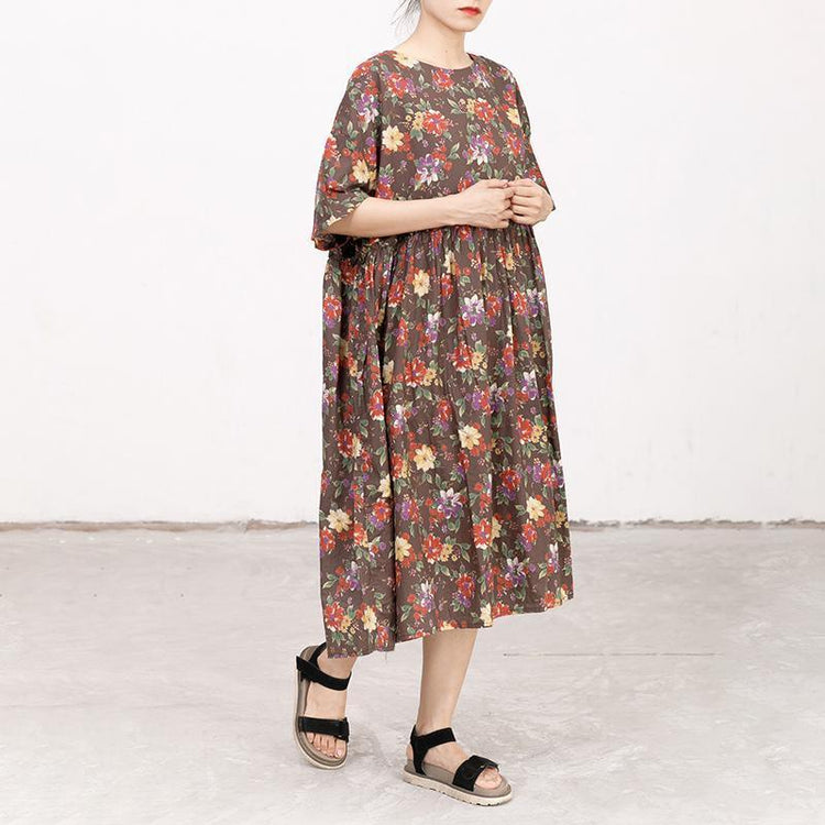 Casual Short Sleeve Pockets Floral Lacing Pleated Dress - Omychic