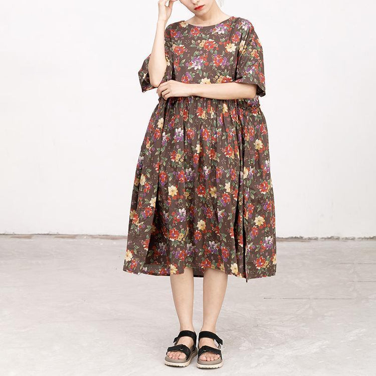 Casual Short Sleeve Pockets Floral Lacing Pleated Dress - Omychic
