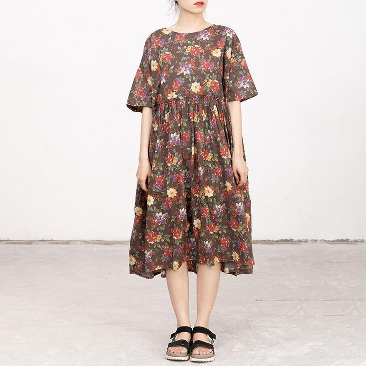 Casual Short Sleeve Pockets Floral Lacing Pleated Dress - Omychic