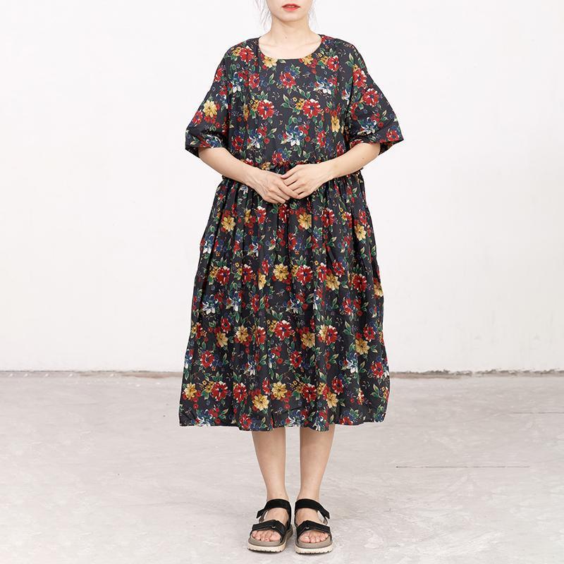 Casual Short Sleeve Pockets Floral Lacing Pleated Dress - Omychic