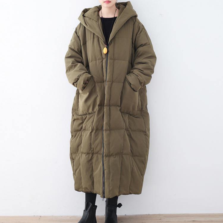 Casual army green warm Parka oversize hooded down coat Elegant zippered outwear - Omychic