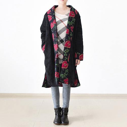 Casual black print parkas overcoat Loose fitting patchwork down jacket women side open coats - Omychic