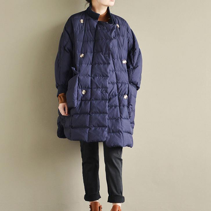 Casual dark blue Parka Loose fitting Parka top quality mid long coat stand collar - Omychic