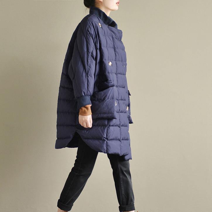 Casual dark blue Parka Loose fitting Parka top quality mid long coat stand collar - Omychic