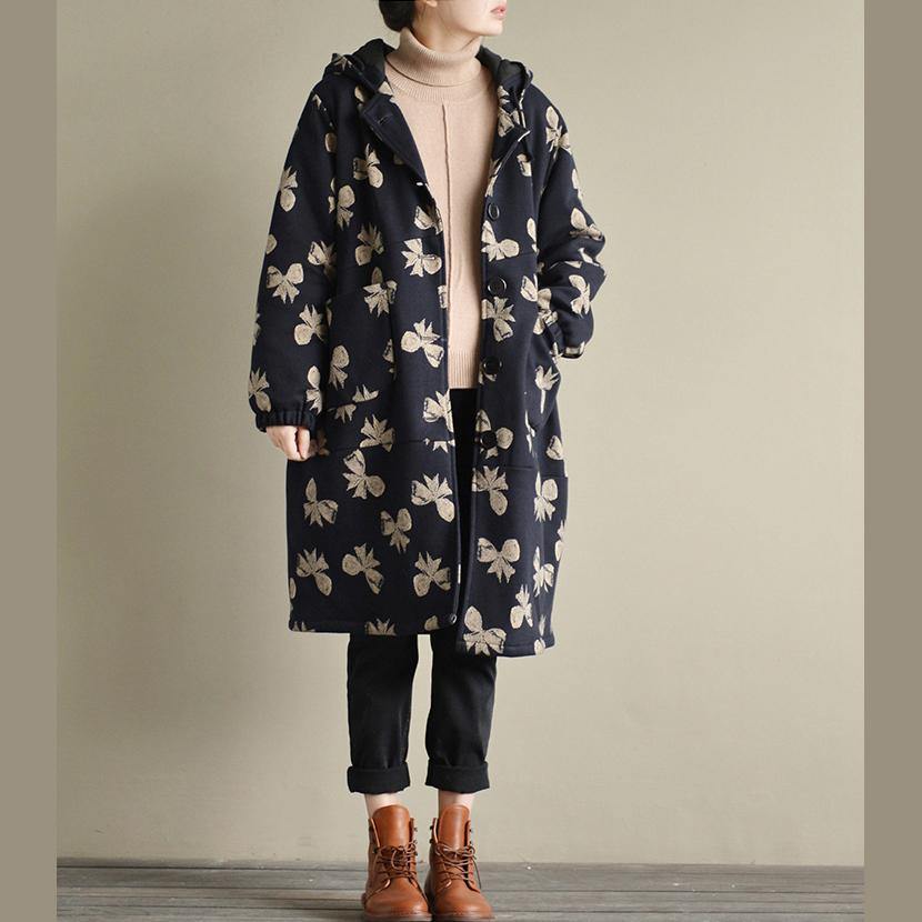 Casual navy  down jacket Loose fitting Parka thick high neck cardigan prints - Omychic